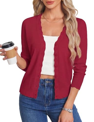 Women's Lightweight Summer Button Up Cardigan Sweater, Cropped V Neck Open Front Wool Bolero Shrugs for Dress(Red S) - Image 1