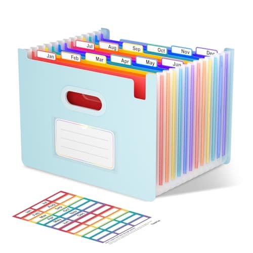 ThinkTex Accordion File Organizer, 12 - Pocket Expanding File Folders Upright & Open Top,for Paper Receipts, Bills&Taxes Organizer, Letter/A4 Size for School, Office, Home with Colorful tab-Light Blue - Image 1
