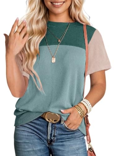 BLENCOT Womens Summer Tops Colorblock Round Neck Cute Women 2026 Fashion Loose Fit Spring Tops Business Blouses Work t-Shirts Blue Medium - Image 1