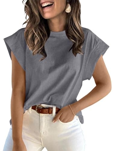 ZDC Women's Cap Sleeve T Shirts 2025 Basic Summer Tank Tops Crew Neck Loose Fit Solid Tee Dark Grey - Image 1