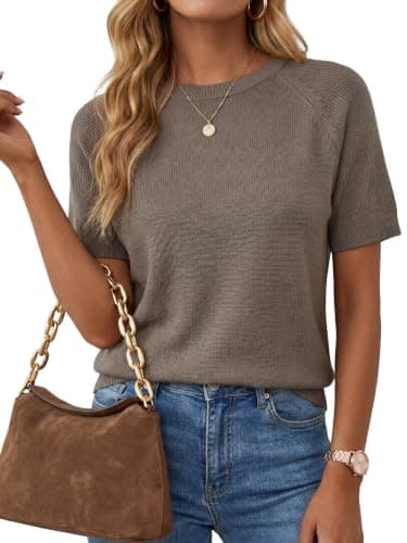 Arach&Cloz Women's 100% Cotton Crew Neck Outfits Summer Raglan Short Sleeve Business Casual Teacher Work Tops Pullover Sweaters 2026 Coffee XXL - Image 1
