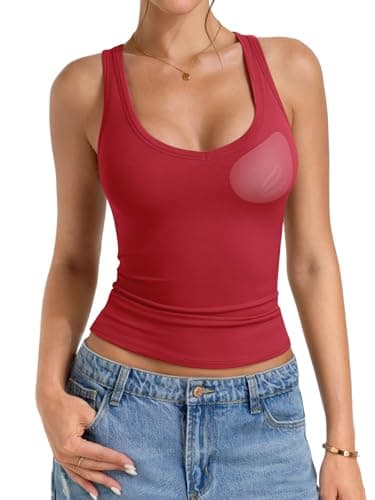 PINKMSTYLE Built in Bra Tank Tops for Women Scoop Neck Double Lined Top Summer Trendy Casual Going Out Top Red Medium - Image 1