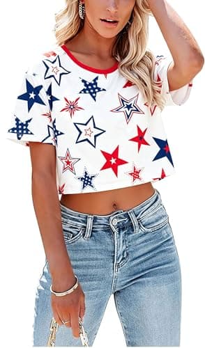 USA Crop Tops 4th of July Shirts Women 250th Anniversary USA Shirt Patriotic Tshirts American Flag and Star Tee - Image 1