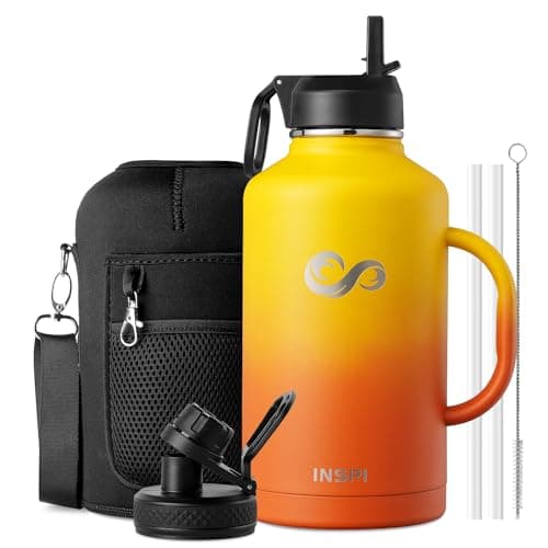 INSPI Half Gallon Water Bottle with Handle, 64oz Insulated Water Bottle with Straw & 2 Lids, Double Wall Stainless Steel Large Jug Travel Flask for School, Hiking & Camping, 100% Leak Proof, Orange - Image 1