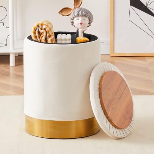 Mxfurhawa Velvet Storage Ottoman Multipurpose Footrest Stool with Metal Base Modern Round Vanity Stool Chair Ottoman Foot Stools Support 300 lbs Padded Seat for Living Room (Cream (Velvet)) - Image 1