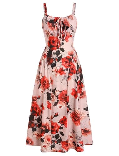 ZAFUL Floral Corset Dress for Women Flowy Spring Summer Wedding Guest Dresses Midi Sundress with Pockets Dark Pink L - Image 1