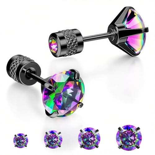 MHWTTY Hypoallergenic Cartilage Earrings for Women Men, 1 Pairs Titanium Stud for Women Gold Silver Black 20G Post & Screw Back with Cubic Zirconia 3 4 5 6 7 mm Piercing Jewelry (Black+Rainbow CZ, 7mm) - Image 1