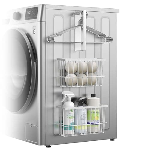 Laundry Room Organization and Storage Magnetic Dryer Ball Holder with Magnetic Hanger Holder, Magnetic Lint Bin for Washer Dryer, Iron Basket Dryer Ball Container, Magnetic Laundry Organizer (White) - Image 1