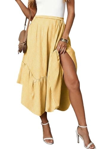 Pink Queen Plaid Midi Skirt for Women 2026 Trendy High Elastic Waist Asymmetrical Ruffle Hem Casual Midi Length Skirt with Pockets Yellow S - Image 1