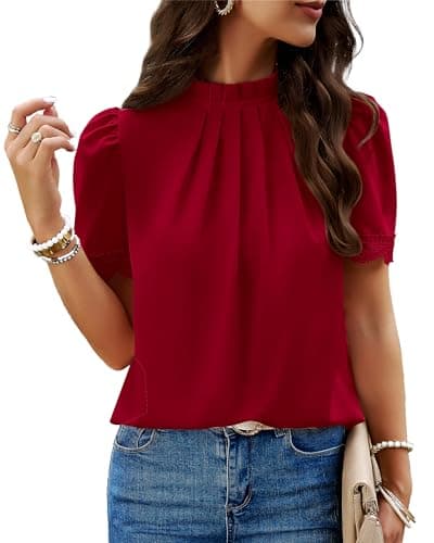 BTFBM Women Blouses Dressy Casual 2026 Summer Tops High Neck Lace Trim Short Sleeve Business Work Shirts Spring Clothes(Red, Medium) - Image 1