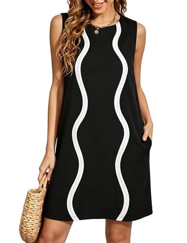 WEQULE Womens Casual Crewneck Sleeveless Shift Summer Dress Color Block A line Mini Dress Lightweight Beach Sundress(Black-M) - Image 1
