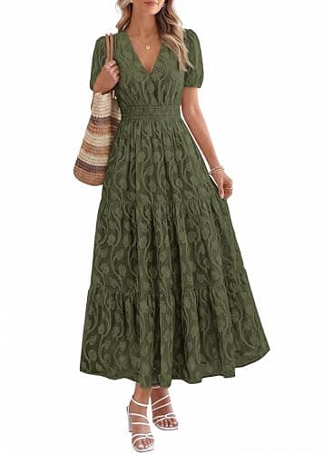 KIRUNDO Summer Dresses for Women 2026 Boho Flowy Casual Short Sleeve V Neck Elastic Waist Floral Long Baby Shower Maxi Dress(Army Green, Large) - Image 1