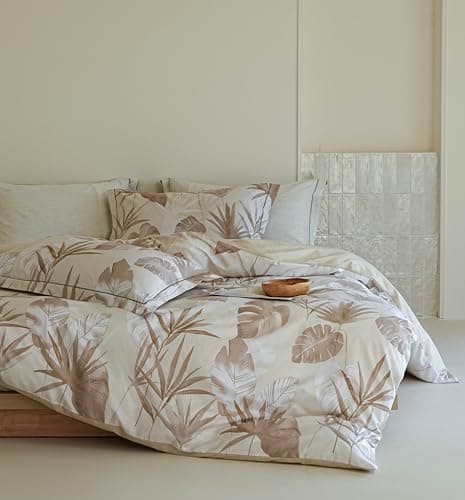 Solycoil King Size Comforter - 100% Cotton Beige Botanical Floral Reverssible Print Comforter Set, Hypoallergenic and Breathable Bedding Set for All Season, 3 Pieces, 104"x90" - Image 1