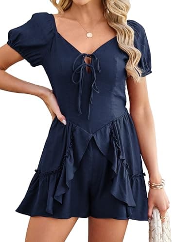 ECOWISH Womens Summer Short Rompers Tie Front V Neck Short Sleeve Ruffle Hem Beach Romper Dress with Pockets 2026 Navy Blue X-Large - Image 1