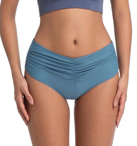 COCOPEAR Mid Rise Bathing Suit Bottoms for Women Ruched Tummy Control Swim Bottoms Full Coverage Bikini Bottoms for Women Cornflower Blue L - Image 1