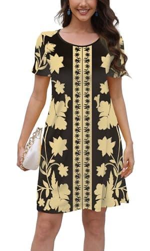 COSSEN Women's Summer 2026 Casual Tshirt Dress Black Boho Printed Small Crew Neck Short Sleeve with Pockets Flowy Loose Swing A-Line Sundress - Image 1