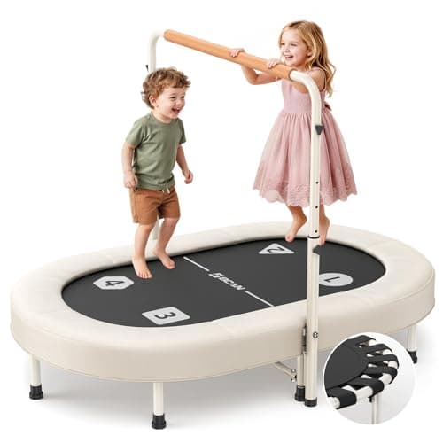 BCAN BT6 56IN 2-Person Kids Trampoline, Safe-Elastic Band Foldable Frame Trampoline for Kids 1-8, ASTM Certified-Toddler Trampoline with Adjustable Stable Handlebar&Thickened Cover, Load 220lbs-Beige - Image 1