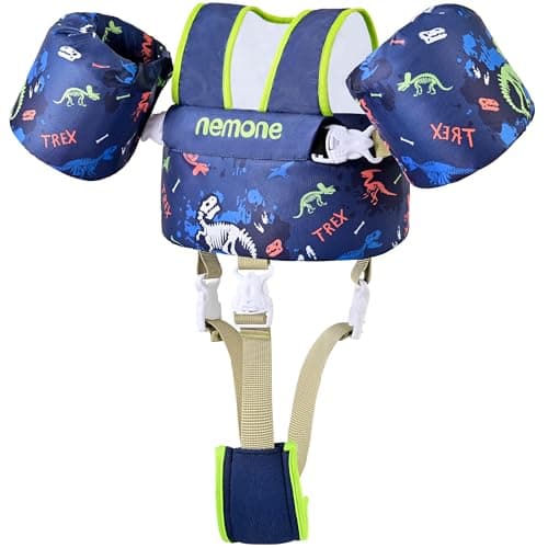 NEMONE Toddler Swim Vest for 22-70 lbs Kids Floaties Swim Jacket with Arm Water Wings for Girls Boys 2 3 4 5 6 7 Years Old Sea Beach Pool (Black Dinosaur with Crotch Strap) - Image 1