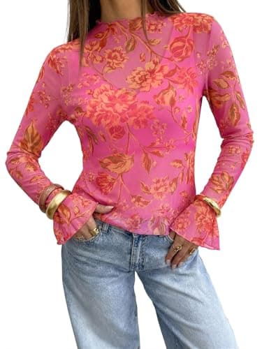 Tankaneo Womens Mesh Polka Dot Tops Bell Sleeve High Neck Summer Casual Blouse Trendy Loose Fit Y2K Going Out Tee Shirts Pink - Image 1