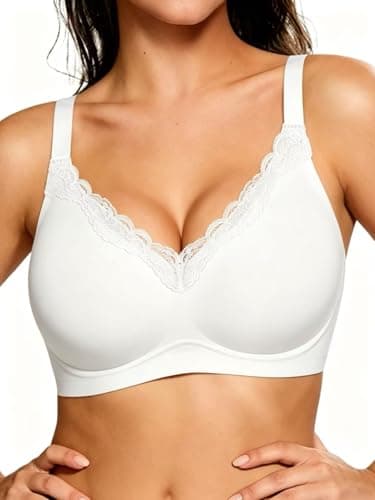 HORISUN V Neck Lace Wireless Bras for Women Push Up Bralette No Underwire Gel Bra Full Support Lift Seamless Everyday Bras (White 40DDD) - Image 1