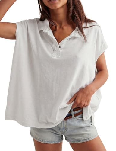 Haellun Oversized Polo Shirt for Women Casual Summer Tee Tops Cap Sleeve Collared Cotton Shirts(White,M) - Image 1
