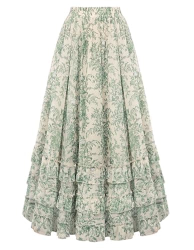 Maxi Skirts for Women Floral Chiffon Elastic High Waist Flowy Ruffle Long Skirt with Pokets Green Floral S - Image 1