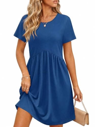 Wenrine Summer Dresses for Women 2026 T Shirt Casual Crew Neck Dresses Short Sleeve Loose Beach Mini Dress with Pockets D-Blue - Image 1