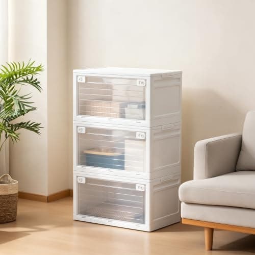 SOBIBO 3-Tier 101QT Stackable Storage Bins with Lid, Doors & Wheels, Collapsible Plastic Organizer Bins for Closet Bedroom, White - Image 1