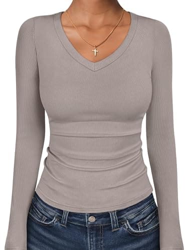 ANRABESS Long Sleeve V Neck Shirts for Women Gray Khaki L - Image 1