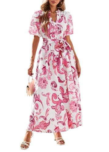 KIRUNDO Women Spring Summer Wedding Guest Boho Floral Maxi Dress Puff Sleeve Button Shirt V Neck Flowy Beach Vacation Dress(Light Pink, Medium) - Image 1