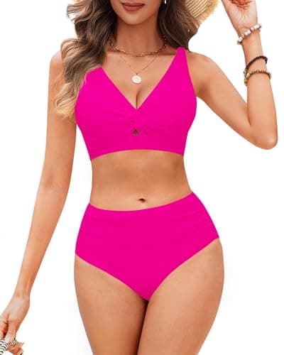 HORISUN Women's High Waisted Bikini Set Twist Front Two Piece Swimsuit with Adjustable Straps & Tummy Control Bathing Suit Hot Pink XL - Image 1