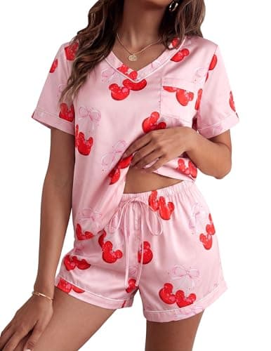 ASTANFY Pajamas for Women Set Two Piece Cherry Graphic Pjs Satin Princess Sleepwear Summer V Neck Short Sleeve Loungewear