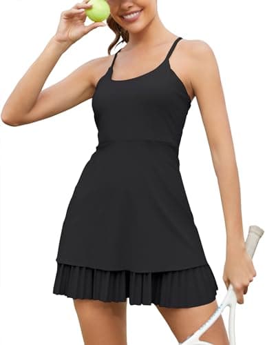 Pleated Athletic Dress with Built in Shorts & Bra Womens Tennis Dress, Workout Dress with Built-in Bra & Shorts Pockets Exercise Dress for Golf Athletic Dresses for Women Black XL - Image 1