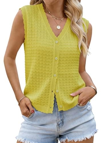 Bellcoco Womens Sleeveless V Neck Sweater Vest Crochet Knit Summer Tops Button Down Spring Cardigan Casual Outfits 2026 Green XL - Image 1