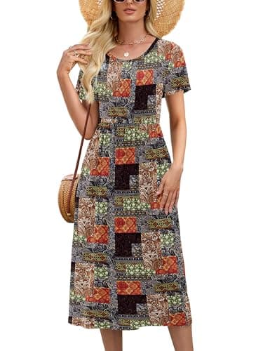 Heymoments Midi Dress for Women Floral Print X-Large Wedding Guest A line Crewneck Short Sleeves Casual Flowy Swing Cocktail Slimming Birthday Party Summer Travel Long Midi Dresses - Image 1