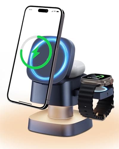 Screenovate 4-in-1 Wireless Charging Station, 15W Fast Charging with Adjustable Night Light, Compatible with iPhone 15/14/13/12 Series, Apple Watch, AirPods – White (Black) - Image 1