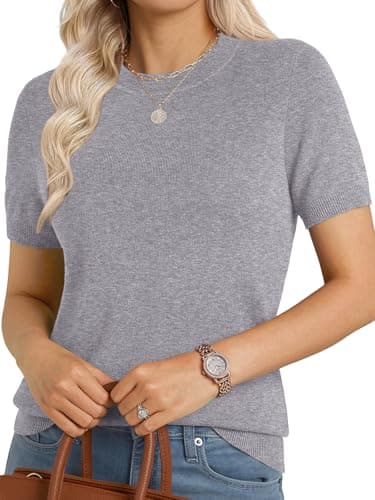 GKBK Short Sleeve Sweaters for Women Wool Blend Crew Neck Knit Pullover Lightweight Business Casual Summer Sweater Top 2026 FAL Fashion Outfits Gray - Image 1