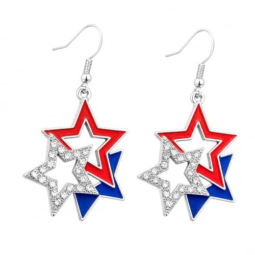 LumaBria 4th of July Star Earrings for Women, Rhinestone Enamel Interlocking Double Star Patriotic Dangle Drop Earrings, Metal Red White Blue American Flag Independence Day Jewelry - Image 1