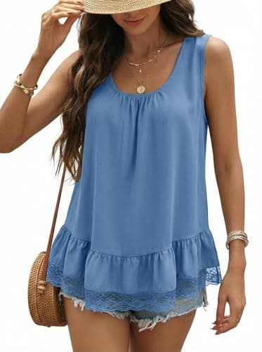 Dokotoo Oversized Tank Top for Women Casual Sexy Summer Tops for Women Loose Fit Camisole Top Ruffled Hem Shirts Lace Trim Boho Shirt Round Neck Cami Sleeveless Tops Breathable Blue Top S - Image 1