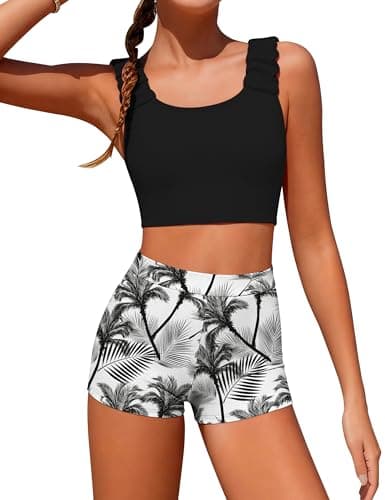 GEMLON Girls Tankini Cross Cut-Out Back Ruched Straps Top with Tropical Printed Shorts Girls Tankini Swimsuits Size 14-16 - Image 1