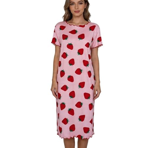 Eternatastic Women Short Sleeve Nightgown Crew Neck Loose House Dress Soft Comfy Long Nightshirts Sleepwear Loungewear Medium Strawberry - Image 1