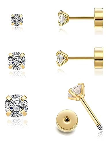 Handmade Tiny Flat Back Stud Earrings: 3 Pairs 14K Gold Plated Screw Flatback 2 3 4mm Cubic Zirconia Earrings Cartilage Piercing Jewelry for Women Helix Tragus Earlobe, Metal, Cubic Zirconia - Image 1