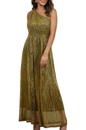 Lesuxa Women's Luxury Gold One Shoulder Sleeveless Elegant Pleated Long Dress,Formal Wedding Guest Dresses for Women Dinners Cocktail Dress (3X-Large,Golden) - Image 1