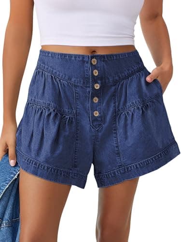 ANRABESS Women's Polyester blend Shorts Summer Baggy High Waisted Flowy Wide Leg Buttons Pleated Casual Jean Shorts 2025 Fashion Skorts Dark Blue Large - Image 1