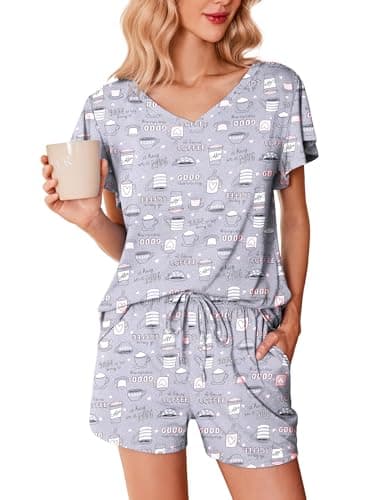 Ekouaer Women's Pajamas Set Ruffle Sleeves Sleepwear V Neck Comfy 2 Piece Pjs Loungewear Set,Coffee Cup,X-Large - Image 1