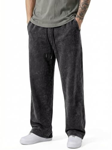JMIERR Men's Sweatpants Acid Washed Baggy Wide Leg Heavyweight Cotton Fleece Drawstring Casual Streetwear Pants with Pockets, L, Black - Image 1