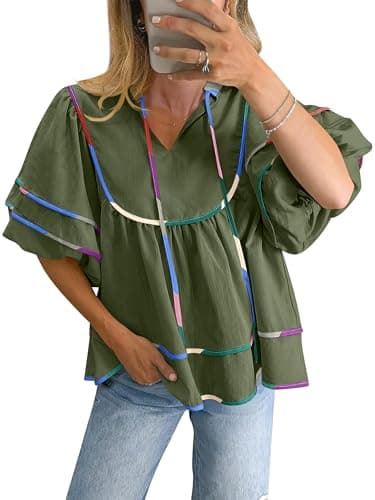ANRABESS Womens Babydoll Tops 2026 Summer V Neck Boho Blouse Short Lantern Sleeve Dressy Casual Shirts Flowy Peplum T Shirt Army Green Medium - Image 1