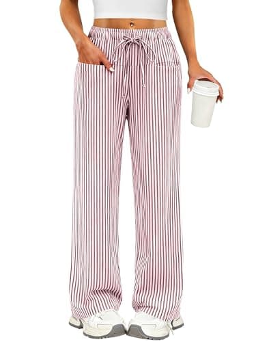 ANRABESS Womens Striped Gingham Pants 2026 Pajama Drawstring Wide Leg Lounge Plaid Pants Cute Casual Trousers with Pockets Red White Stripe Medium - Image 1