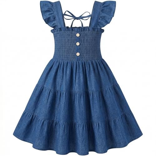 HONGTEYA Toddler Girl Dress Ruffle Sleeveless Princess Dresses, Summer Dress Beach Sundress (US, Age, 5 Years, 6 Years, Cowboy) - Image 1