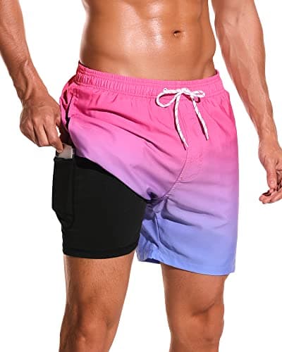 SILKWORLD Swimming Trunk for Men 5 Inch Inseam Men's Bathing Suit Swim Shorts Swimwear Swimsuit with Compression Liner and Zipper Pockets, Pink Blue Gradient, L